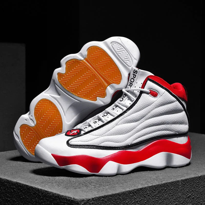 Men's high-top basketball shoes in AJ13 white and red colourway with rubber sole and mesh upper