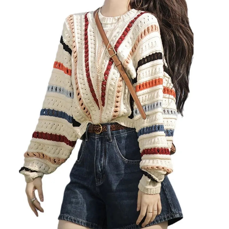 Retro rainbow striped loose fit sweater with batwing sleeves and round neck