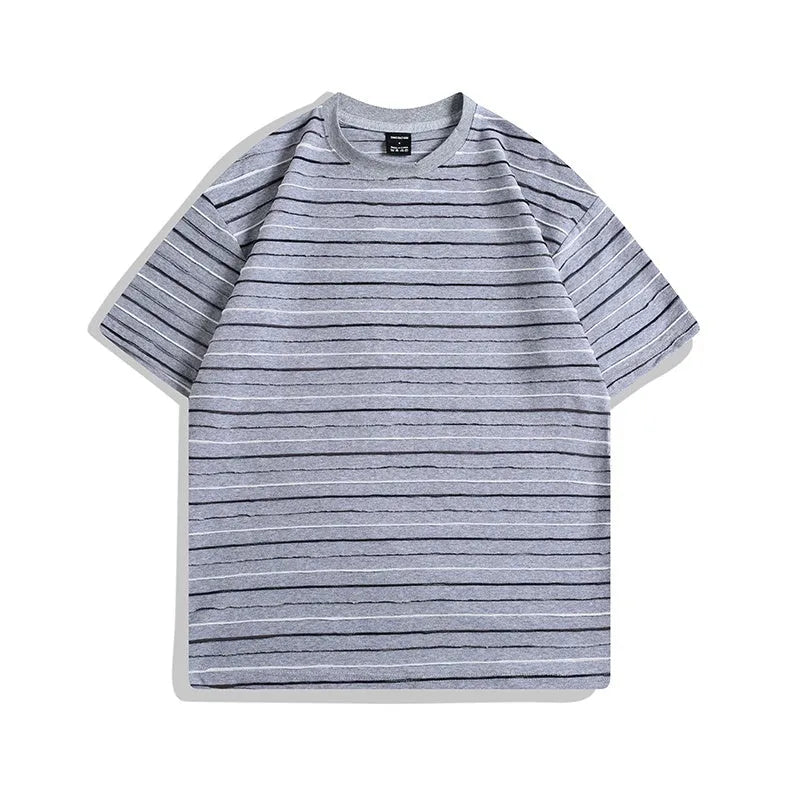 Colour striped loose fit half sleeve t-shirt on a hanger, showing apricot, black, yellow, grey, and pink colour options.