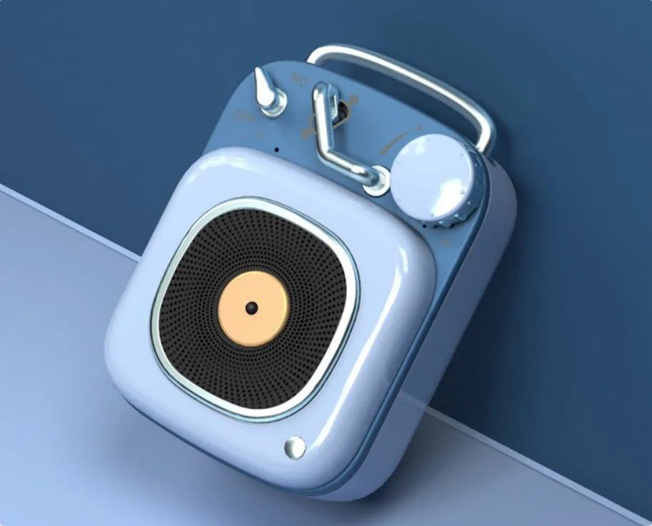 Portable mini speaker in blue with compact metal body, 4.8 x 6.2 x 2.8cm