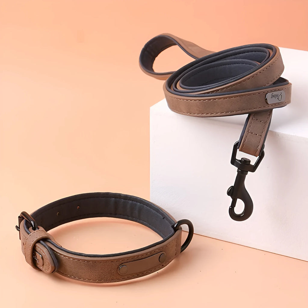 Adjustable dog collar showing PU front and microfiber back in purple colour