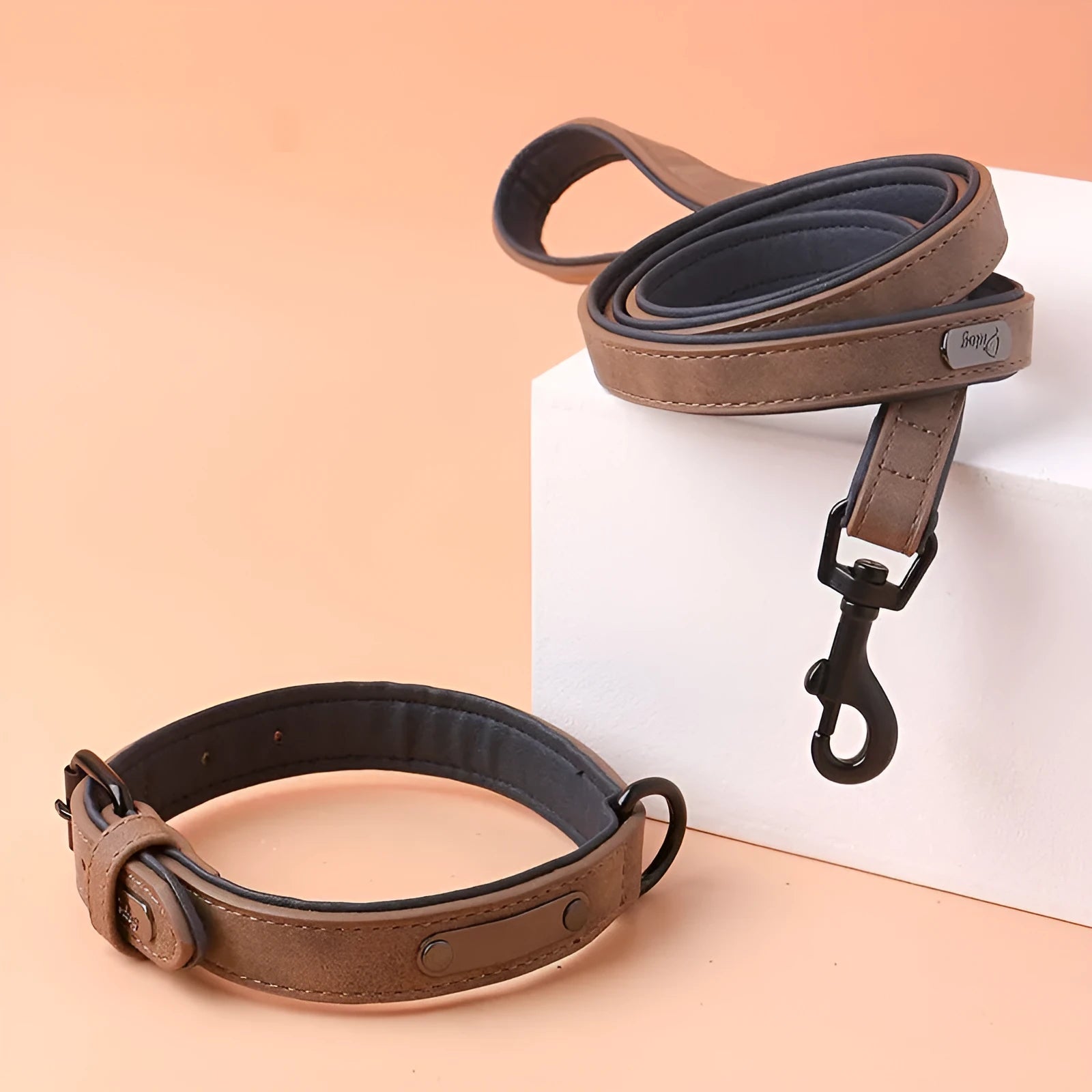 Adjustable dog collar showing PU front and microfiber back in purple colour