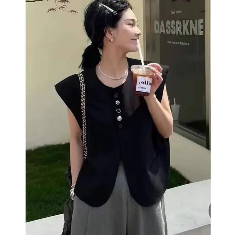 Women's loose sleeveless vest in solid colour with pockets, 40cm length