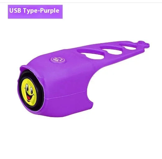 Bicycle electronic horn in plastic body with black colour, showing fixture and fitting for handlebar mounting