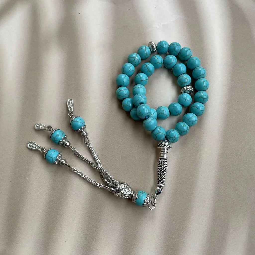 Handmade Muslim prayer bracelet with sky blue 8mm stone beads for daily Islamic worship