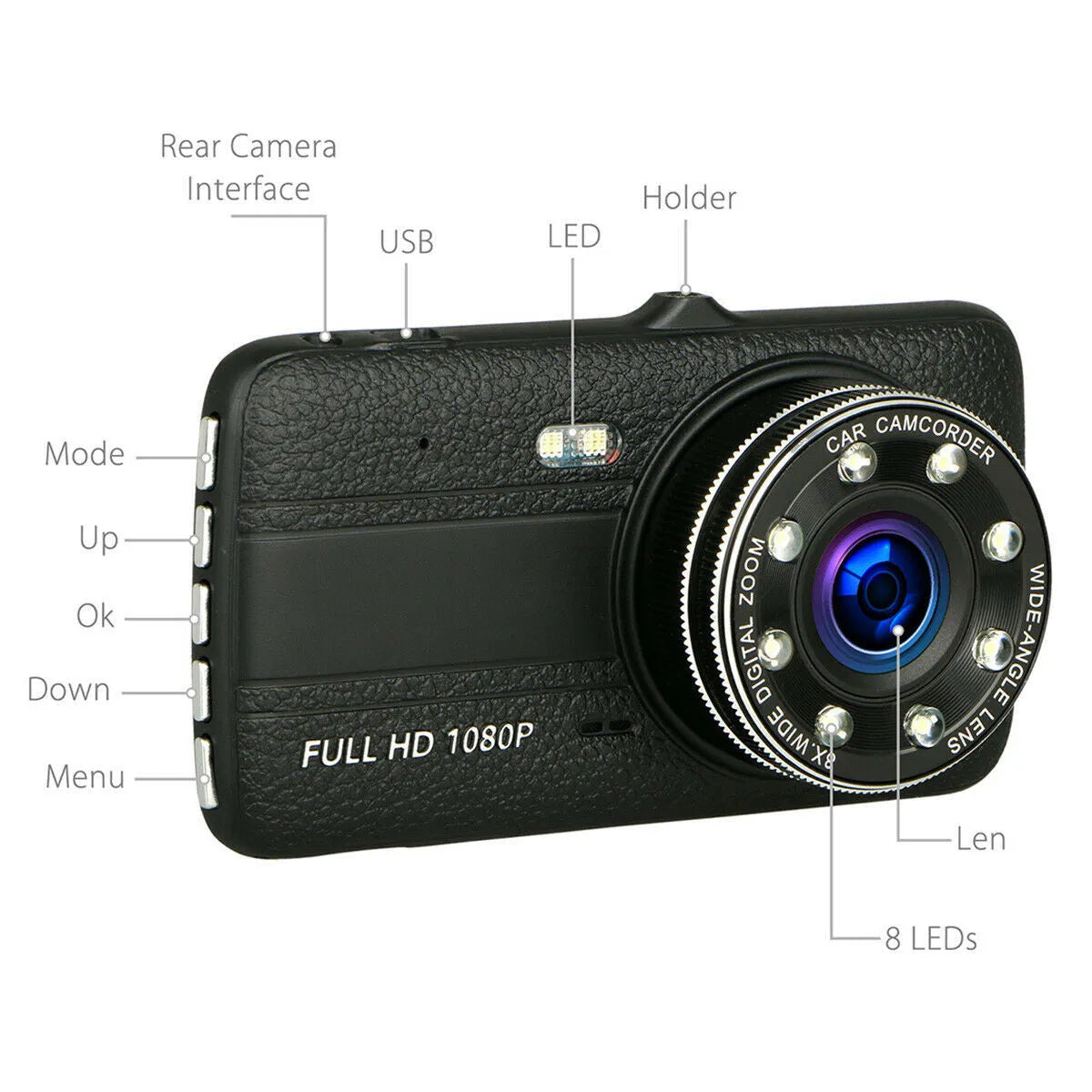 HD driving recorder with 8 night vision lights on windscreen mount showing 4.0 inch screen
