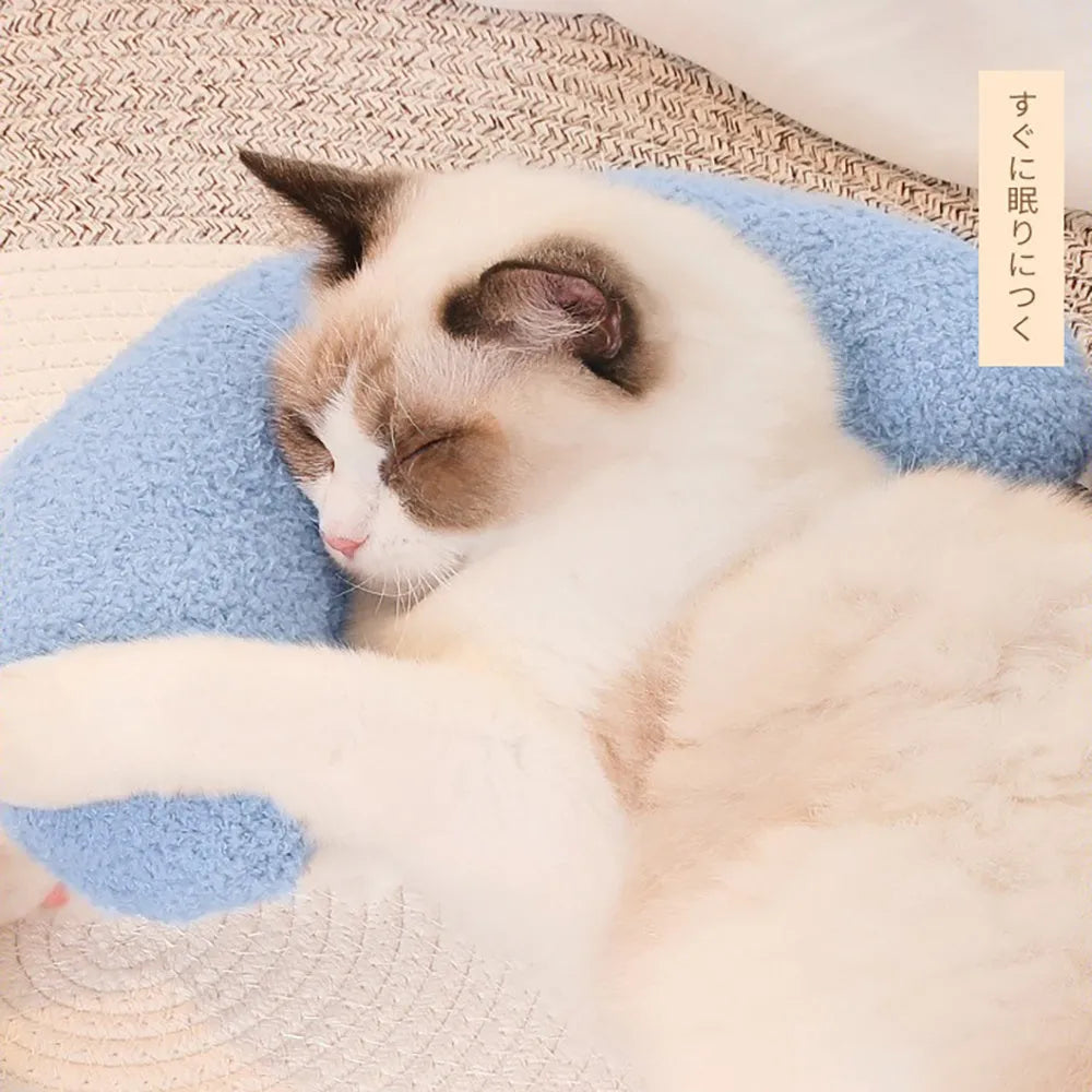 Blue U-shaped cat pillow with adjustable collar for feline cervical support and comfortable sleeping