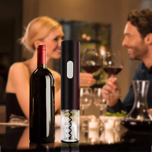 Black automatic electric wine opener with foil cutter and transparent window on white background