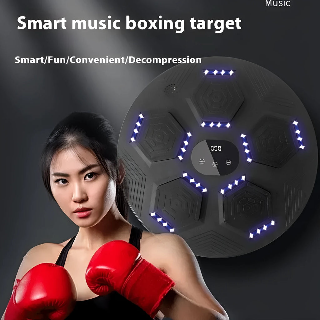 Smart music boxing reaction target mounted on wall with boxing gloves