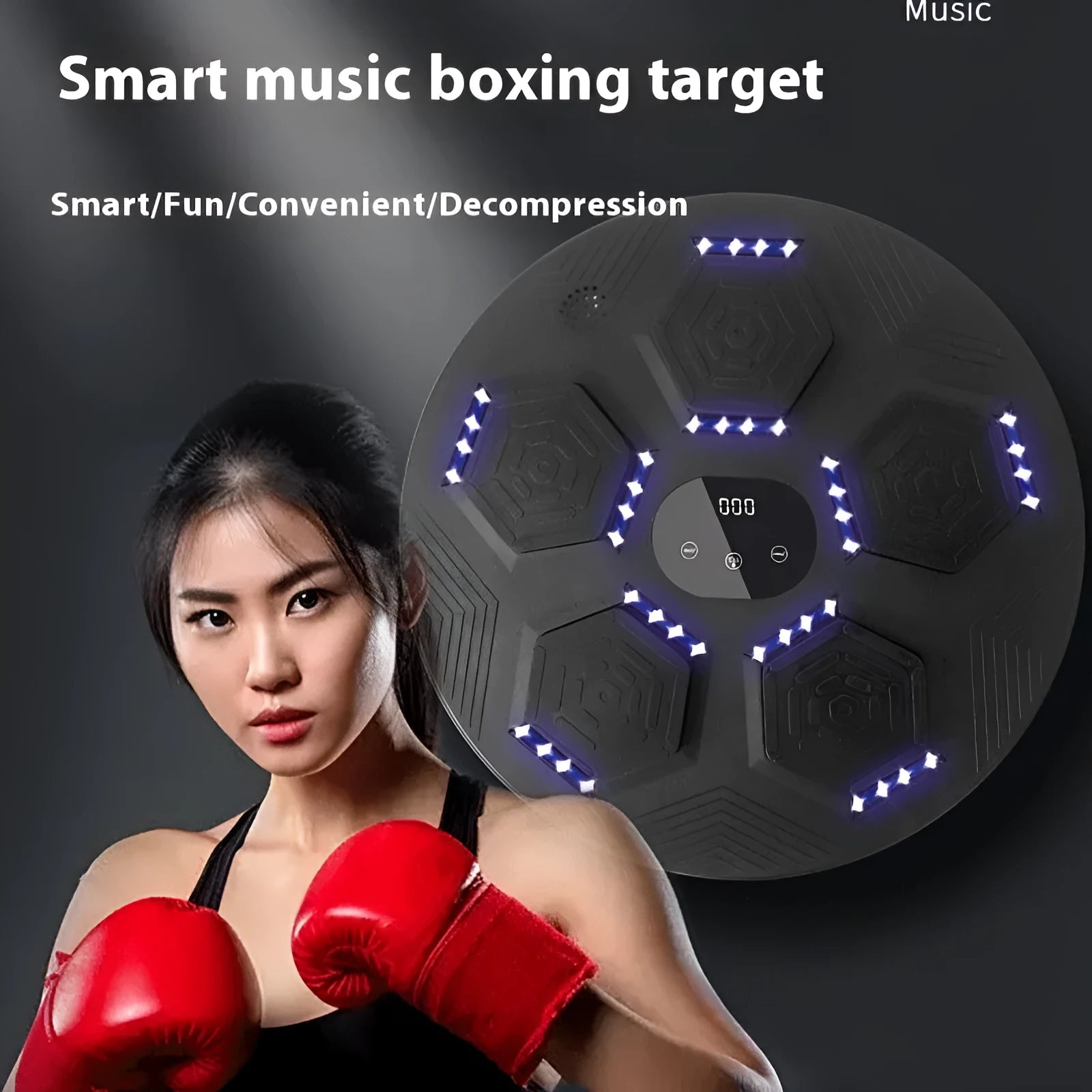 Smart music boxing reaction target mounted on wall with boxing gloves