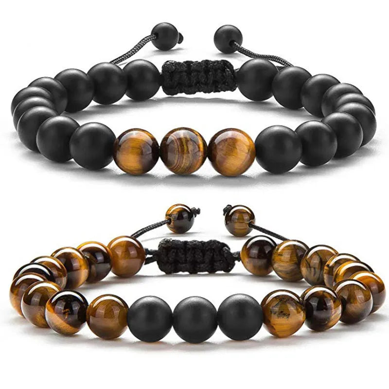 Matte black agate couple bracelets with geometric beads in individually packaged presentation