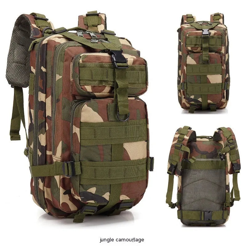 Large khaki coloured off-road hiking backpack with air pillow belt system on a rocky outdoor trail.