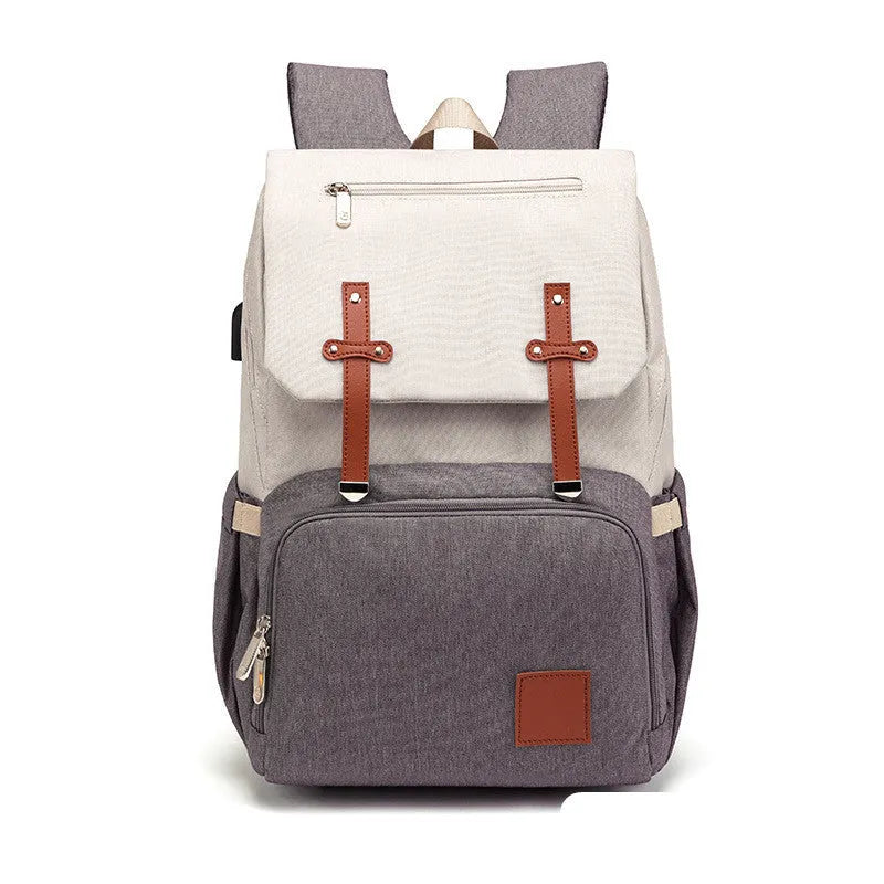 Double shoulder mummy bag backpack in grey white with bottle, Oxford fabric, tissue pocket and stroller hooks
