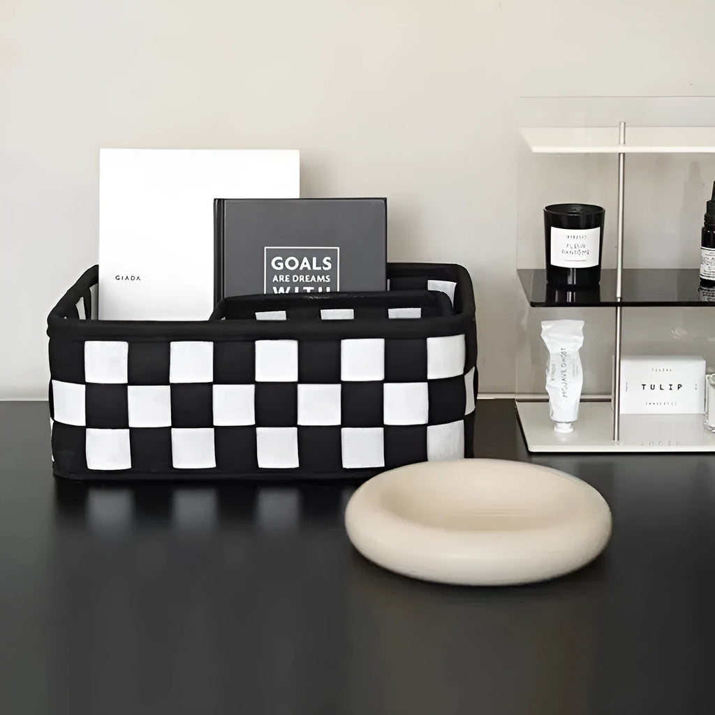 Checkerboard woven felt storage basket showing folding design and 37x29x19.5cm dimensions