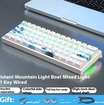61-key bluish-black and white mechanical keyboard with hot-swap switches on desk