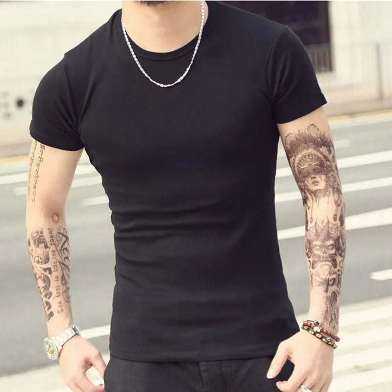 Men's short sleeve O-neck slim T shirt shown in gray, red, and white, sizes L to XXXL