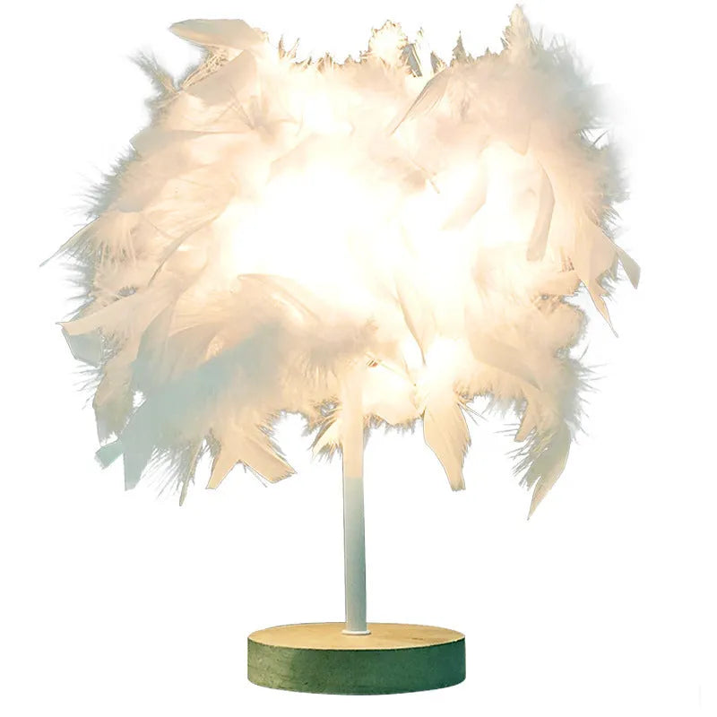 LED feather table lamp with wooden art base, USB cable with switch, available in pink or white feather models