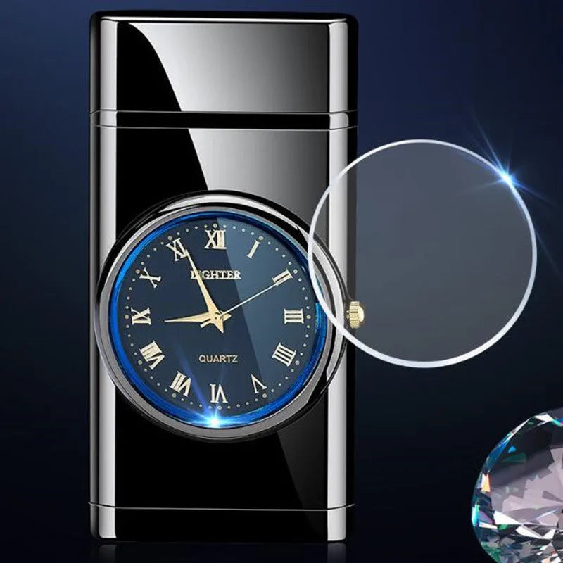 Multifunctional electronic watch and gas lighter with LED lamp in metal casing, shown in various brushed and textured finishes.