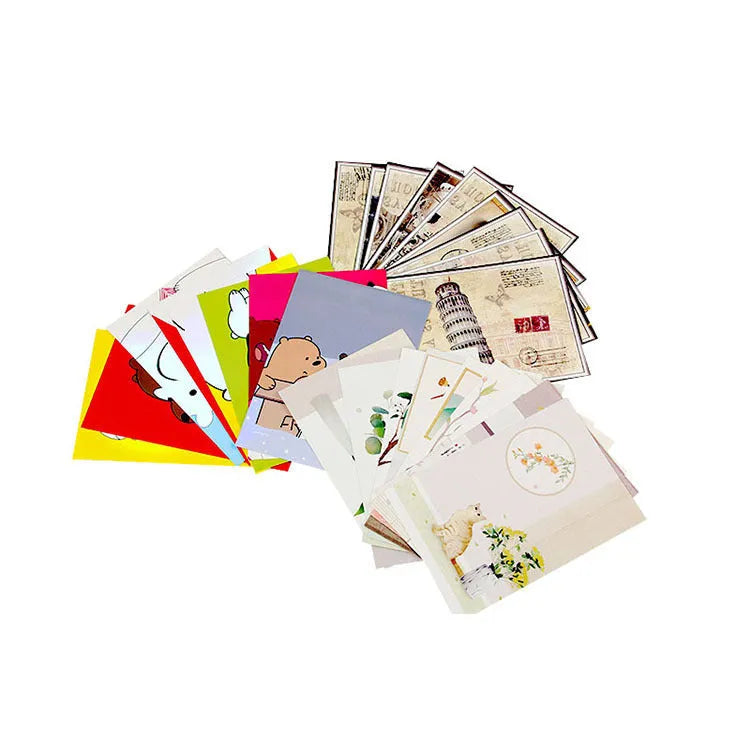 Set of nine retro-style cartoon postcards showing Paris landmarks like the Eiffel Tower.