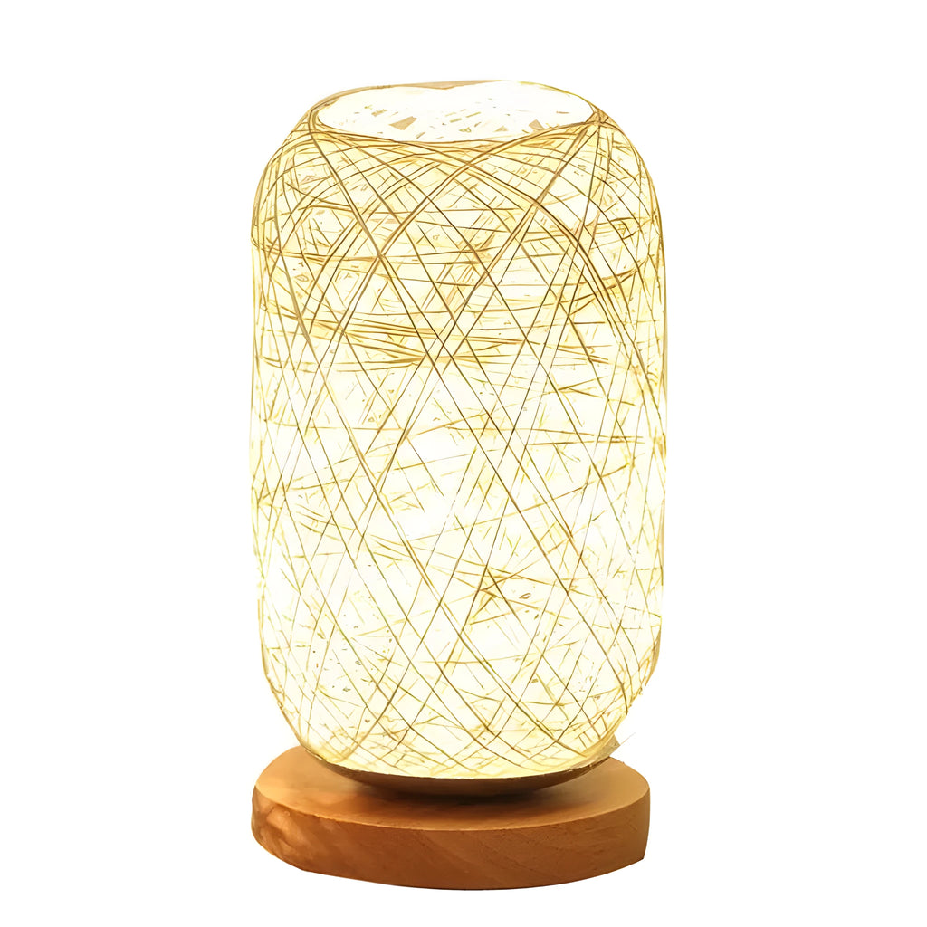 Brown hemp rope Sepak Takraw desk lamp with wooden base and USB cable.