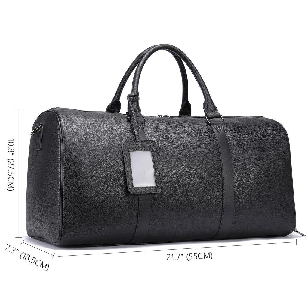 Men's black and coffee brown leather tote bags shown in 44cm and 55cm lengths.