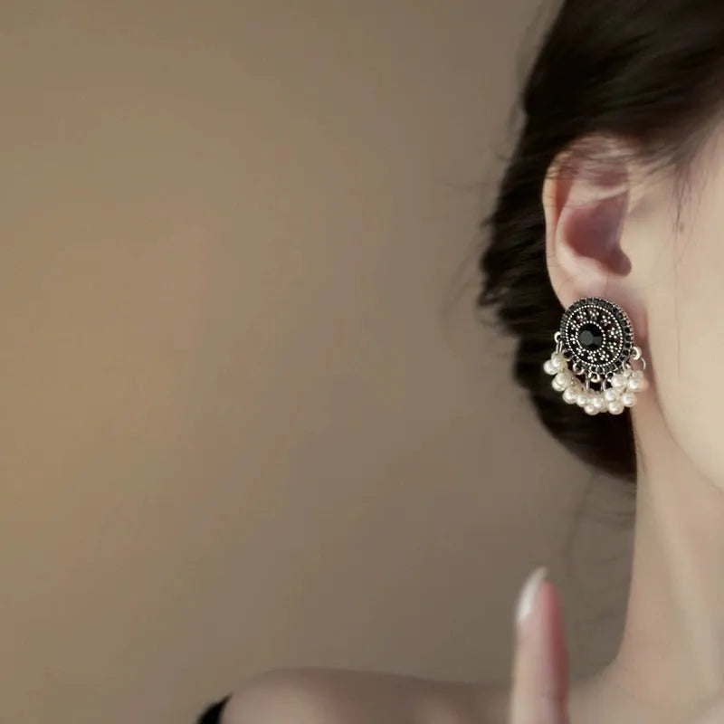 Miao maiden pearl earrings in alloy with electroplated finish, geometric round ethnic style for women, one pair
