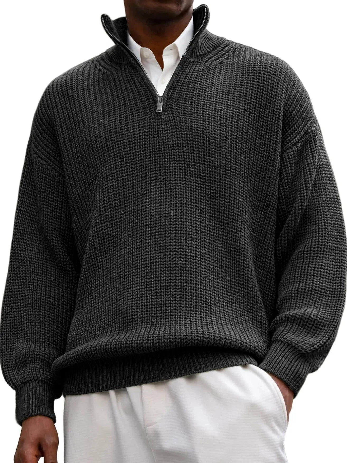 Fashion men's casual long sleeve half-zip stand collar polo shirt pullover sweater in black