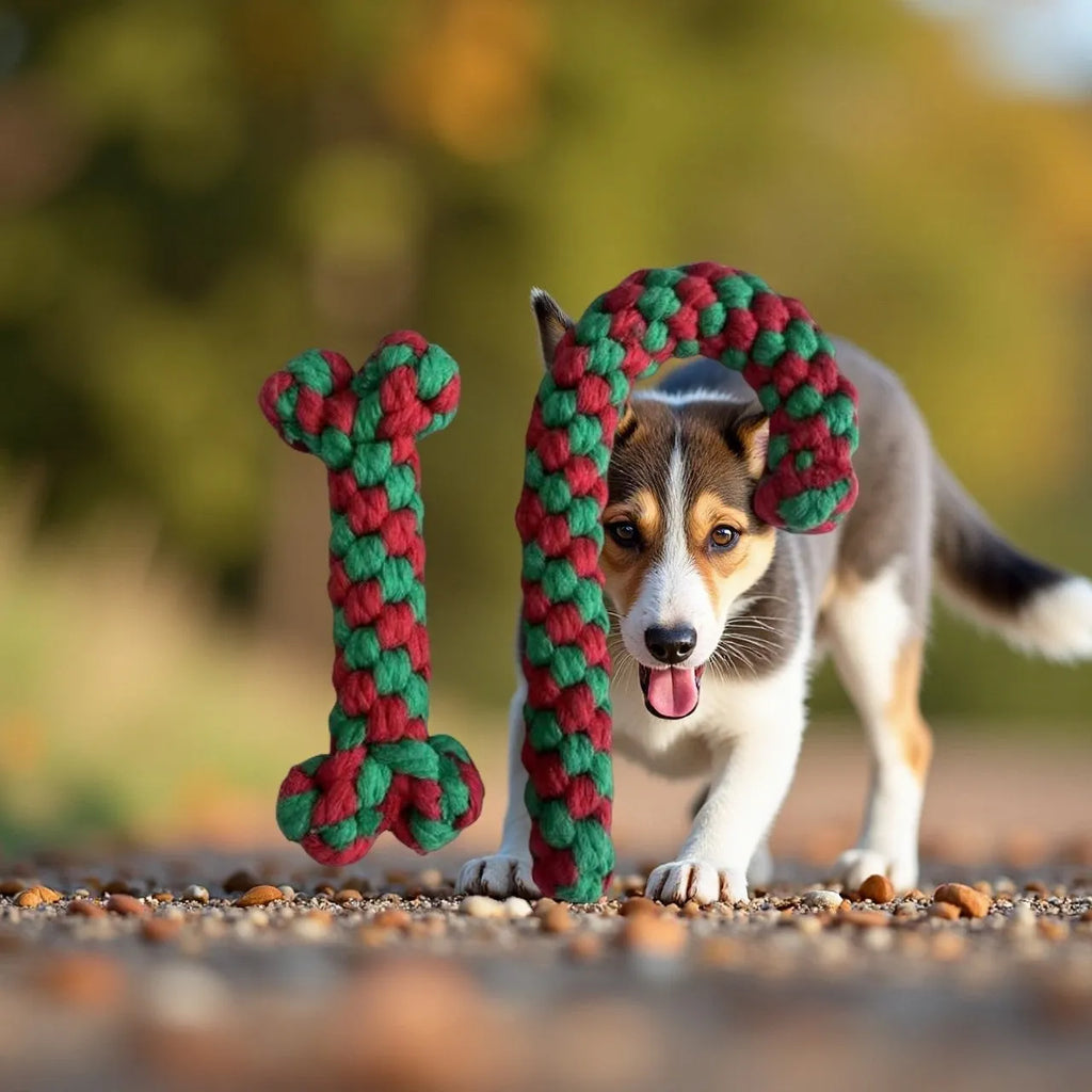 Four Christmas-themed cotton rope dog toys in red and green, including candy cane, bone, crutch, and tree shapes