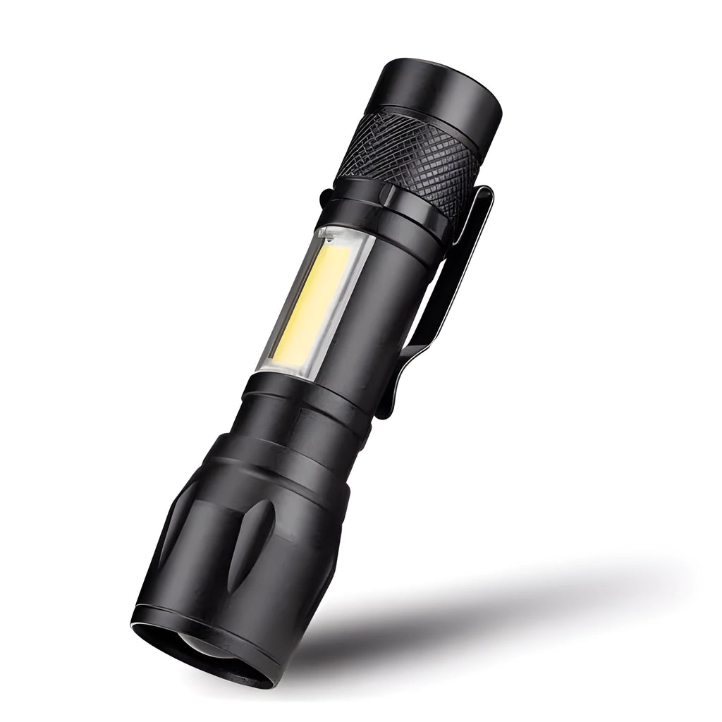 Black mini telescopic aluminum alloy LED flashlight with adjustable focus and clip.
