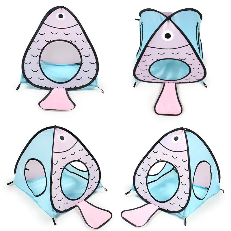 Foldable pet tent and cat tunnel three-piece play set with cat and fish design