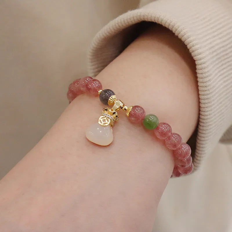 Geometric strawberry quartz women's bracelet with peace buckle and lucky bag decoration