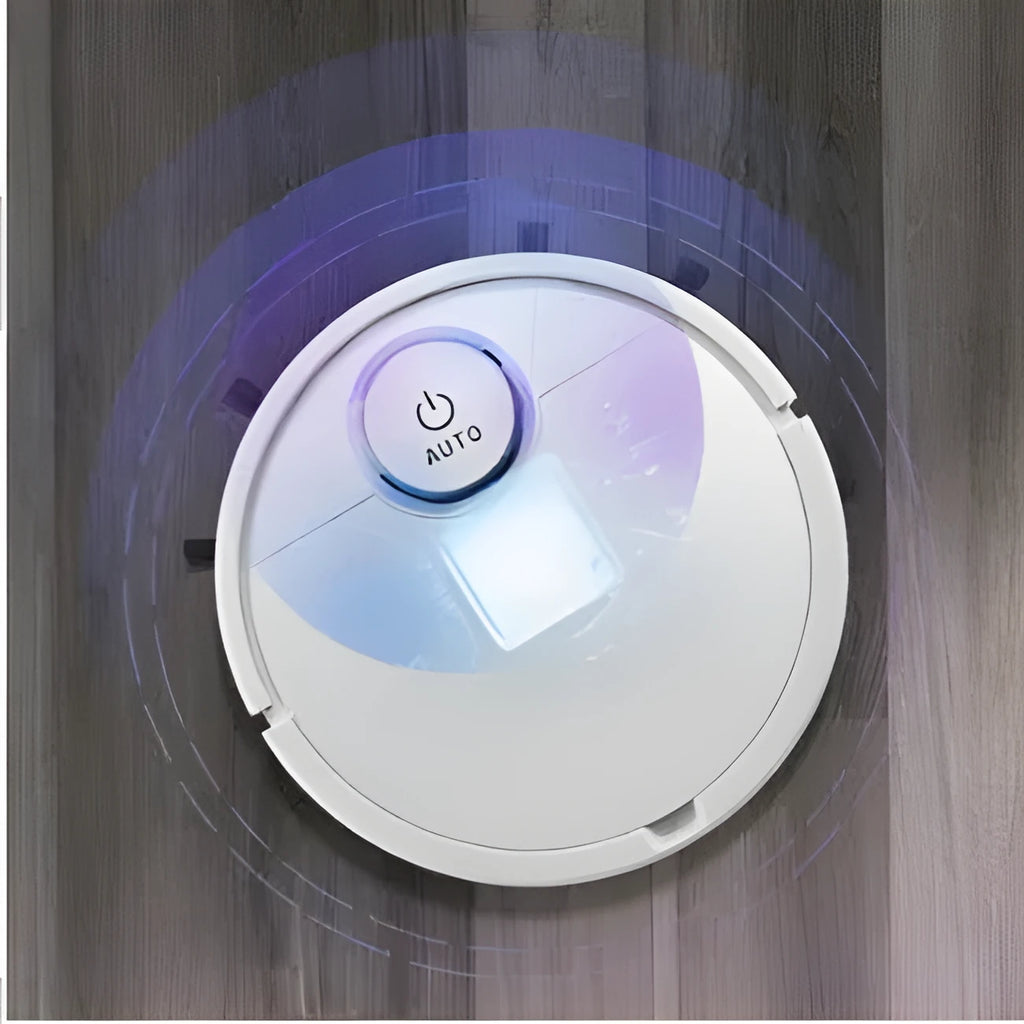 Automatic sweeping robot with circular ABS plastic body on a hardwood floor.