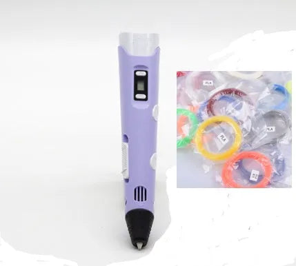 Yellow 3D printing pen with PLA filament spool on a white surface, showing nozzle and controls