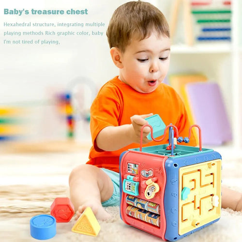 Colourful six-sided baby activity cube with bead maze, clock, and car game panels.