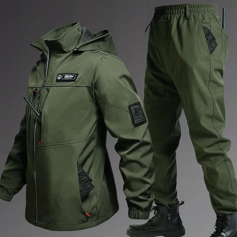 Fleece-lined waterproof jacket suit two-piece set in Black, Army Green, and Gray, sizes 165-190, for men and women