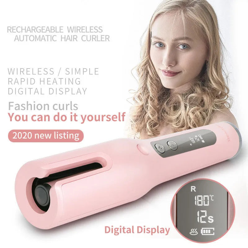 Wireless automatic hair curler with LCD screen, ceramic heating tube and 4800mAh battery, shown in pink