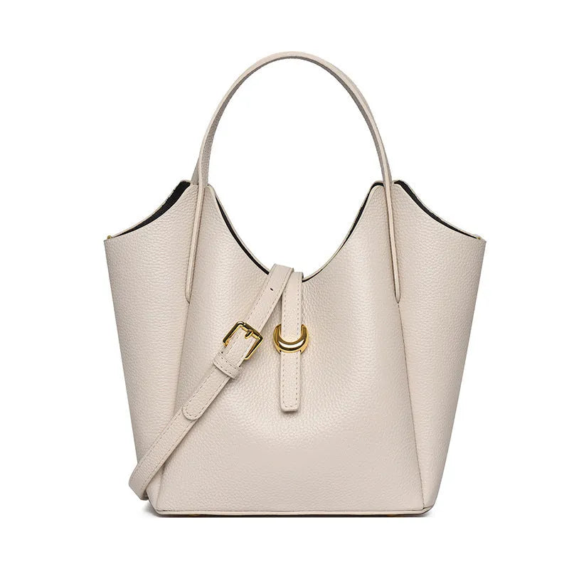 Genuine leather women's hand holding bucket bag in retro style with file bag interior