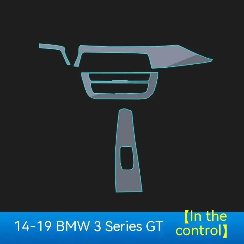 Transparent TPU protective film kit for BMW 3 Series dashboard and centre console.