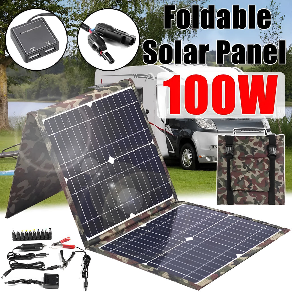 Black foldable 36W solar panel measuring 87cm x 28.5cm with charging accessories