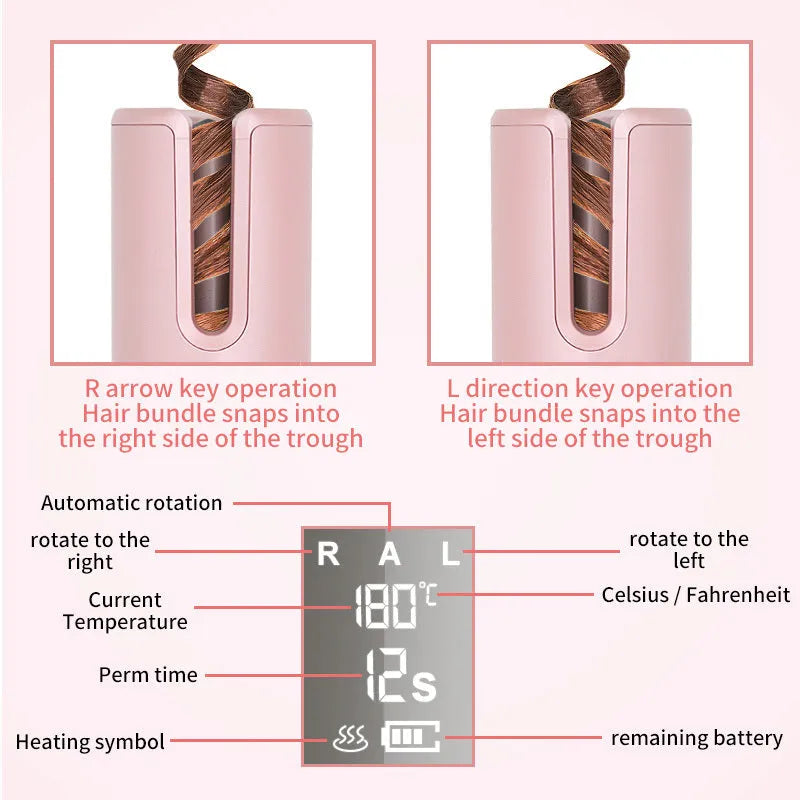 Wireless automatic hair curler with LCD screen, ceramic heating tube and 4800mAh battery, shown in pink