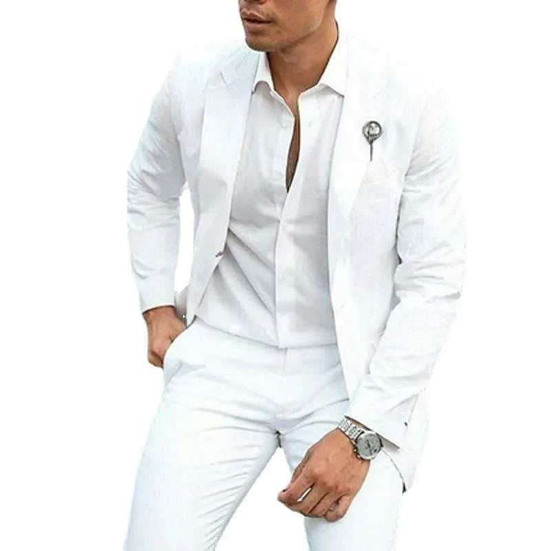 White men's slim fit two-piece wedding suit with acetate cotton blend fabric