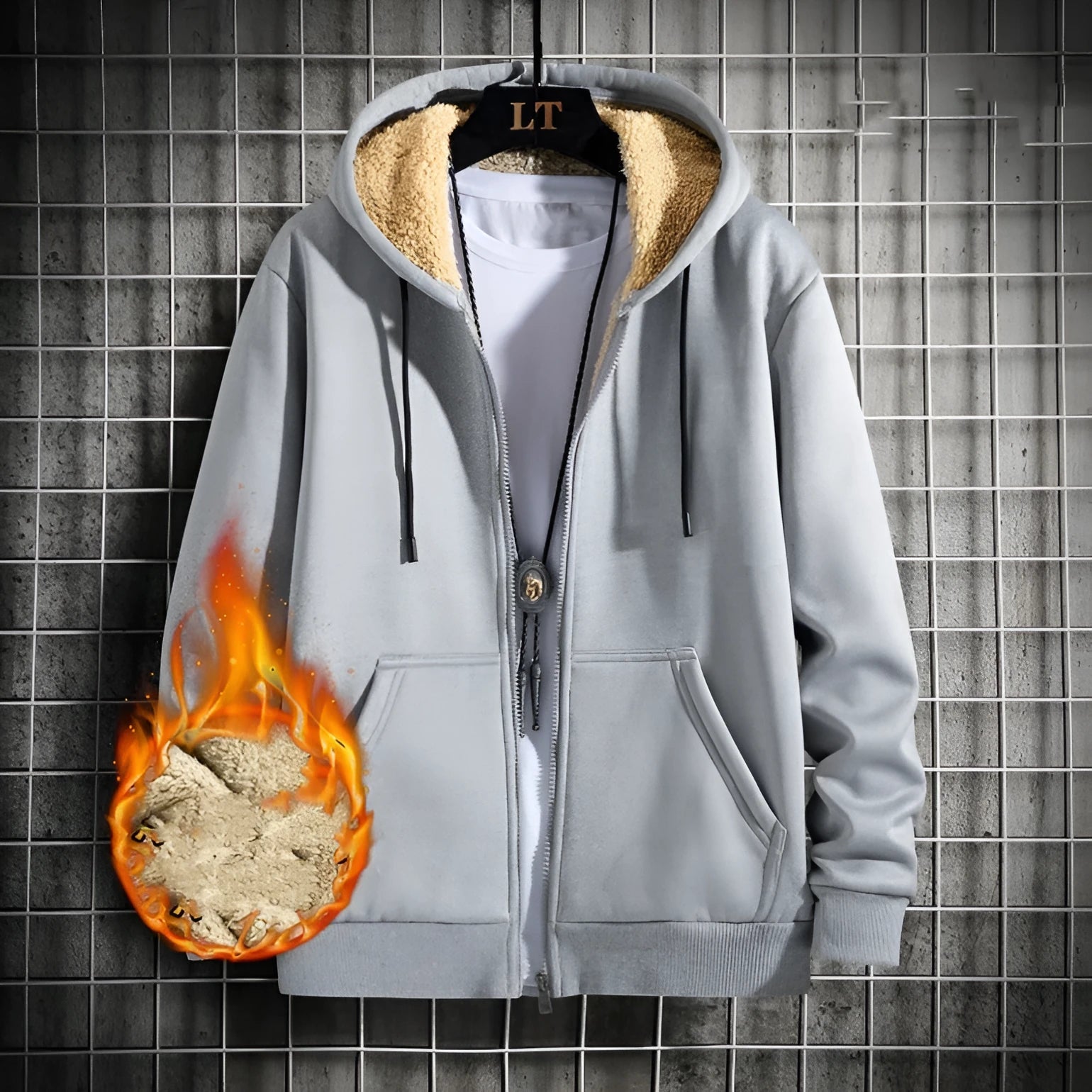 Men's autumn winter loose hooded sweater in grey, 80% polyester long sleeve pullover