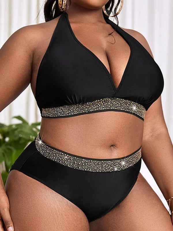Black plus size women's swimsuit bikini with bra top and shorts