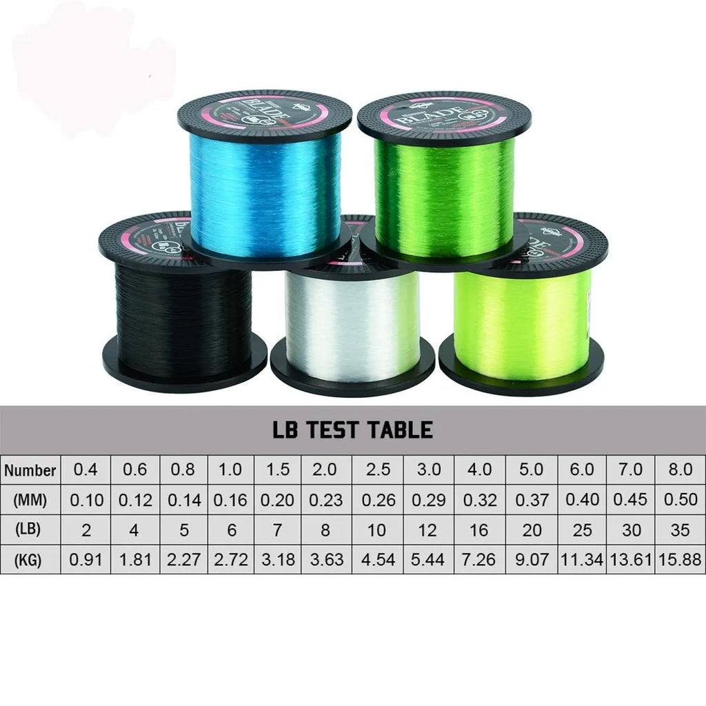Seaknight1000 M fishing line spool in five colour options with diameter size guide from 0.4 to 8.0 mm