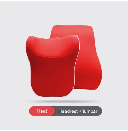 Car headrest and lumbar support cushion set in gray on a car seat