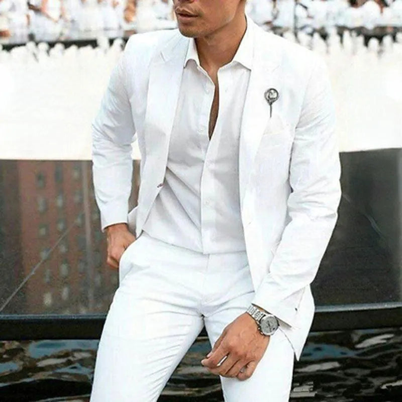 White men's slim fit two-piece wedding suit with acetate cotton blend fabric