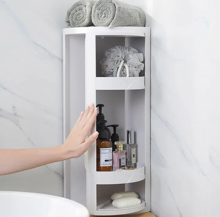 Plastic punch-free 3-tier corner shelf in Nordic white or elegant grey for bathroom or kitchen wall.