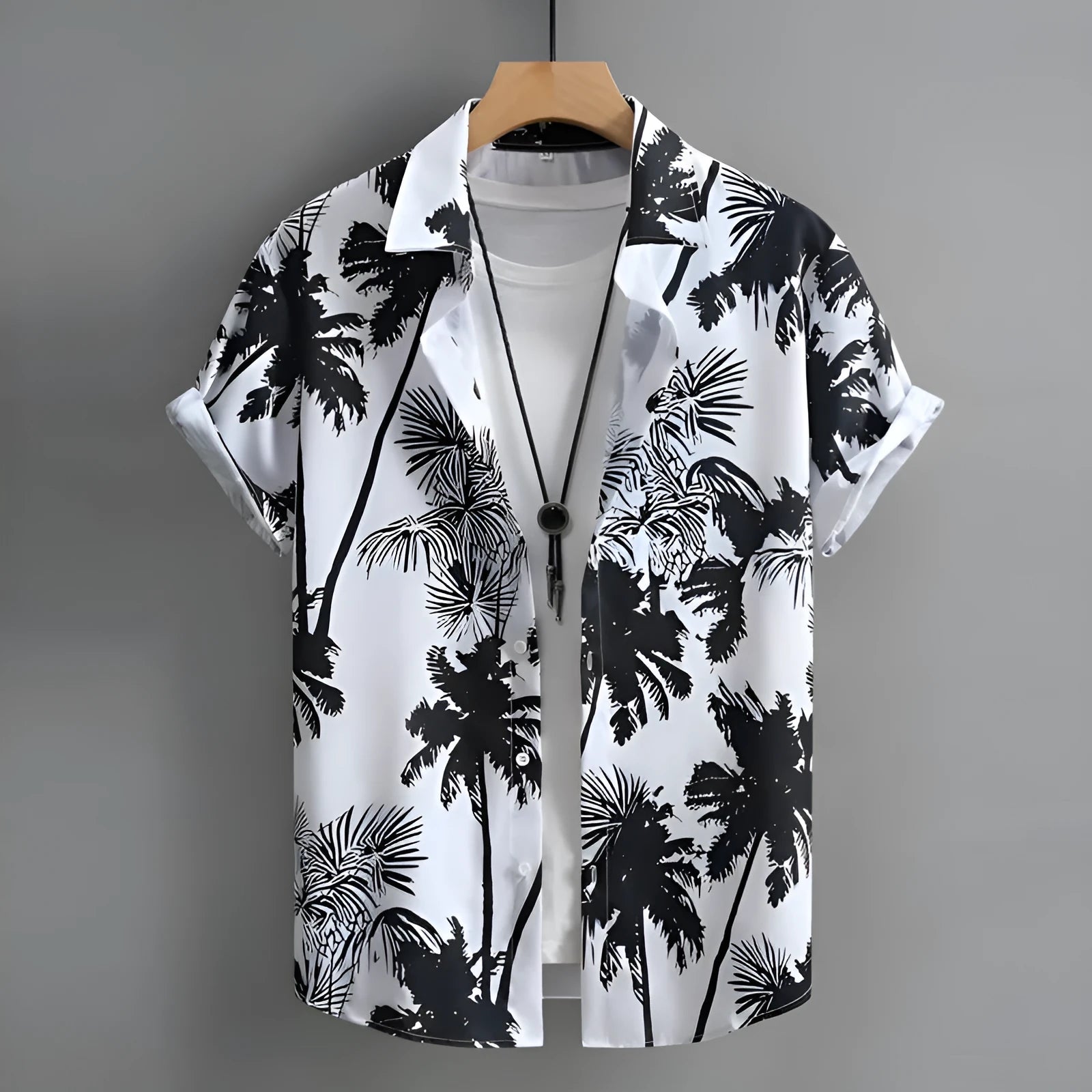 Men's short-sleeved Hawaiian shirt with a colourful 3D printed pattern, on a mannequin.