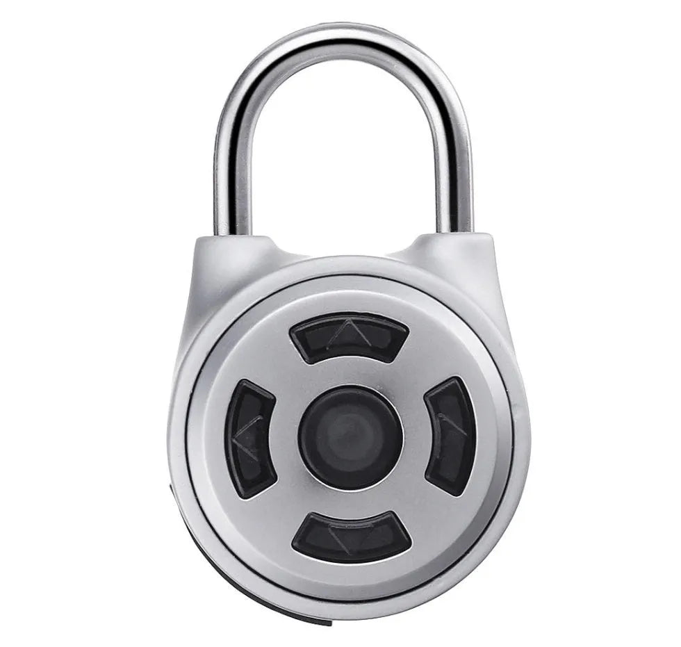 Silver smart padlock with direction button password lock and Bluetooth electronic lock feature