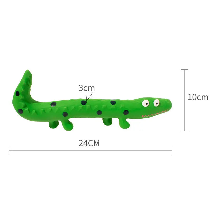Green cartoon lizard-shaped latex dog squeaky chew toy for aggressive chewers.